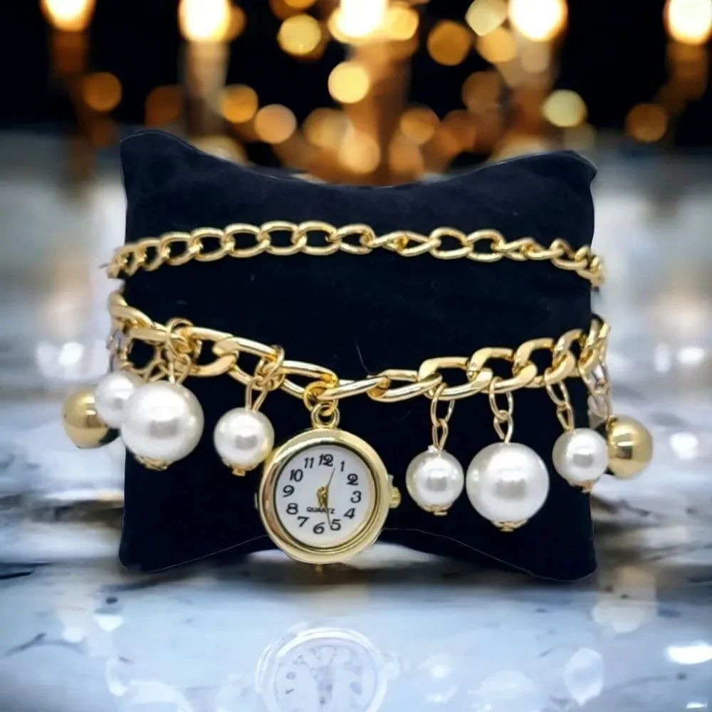 Gold Charm Bracelet Watch Faux Pearl Layered Chain Vintage Inspired Old Money